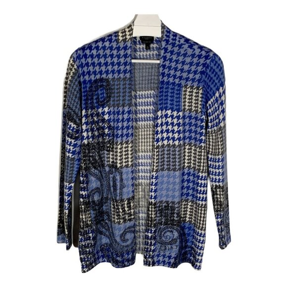 Talbots Petite SP Merino Wool Blue Plaid Patchwork Cardigan Sweater - Picture 1 of 9